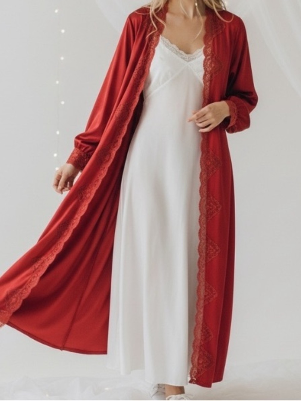 Vintage Brick Red Maxi lingerie lace robe duster nightgown kimono Festival boho